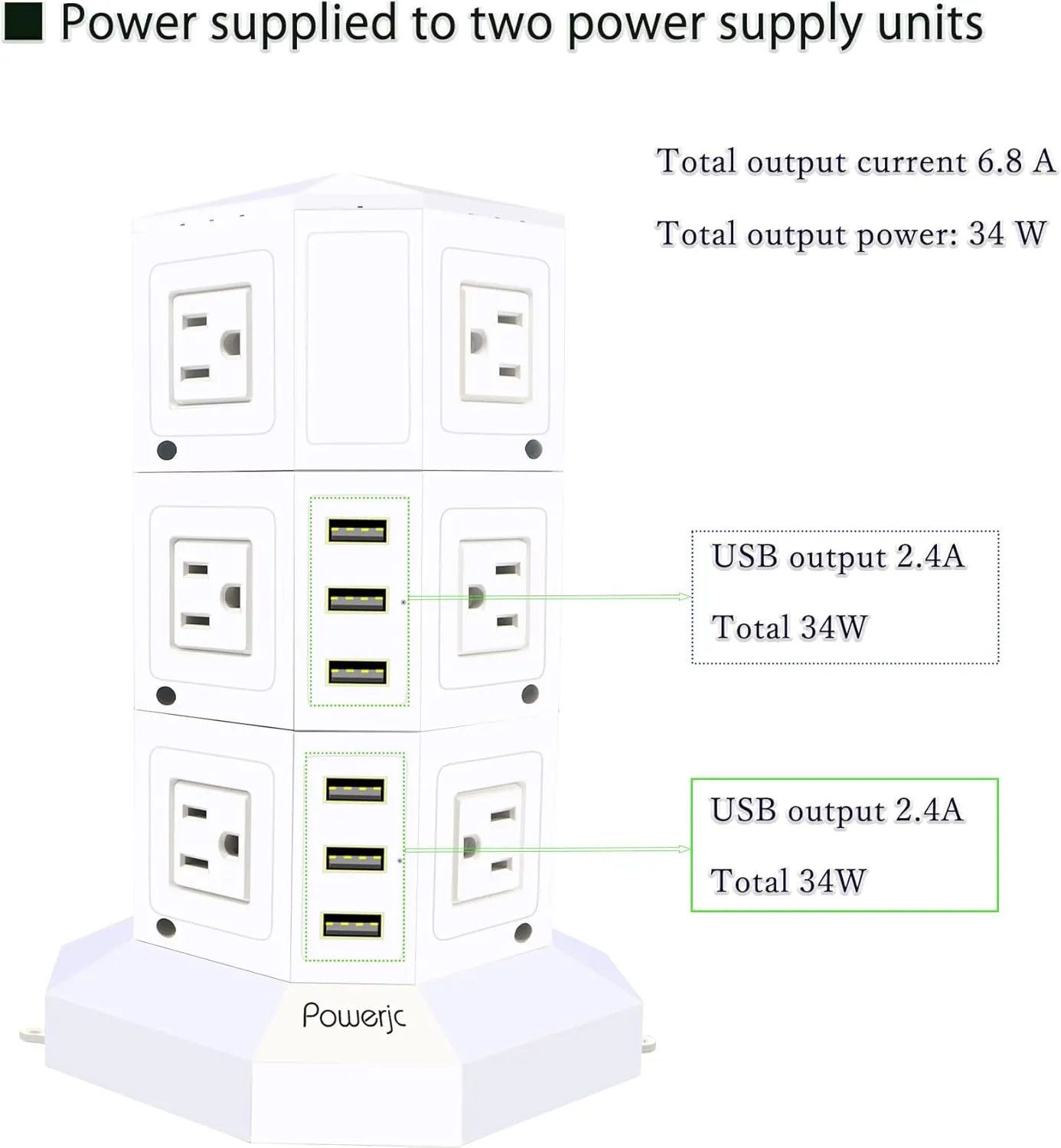 Power Strip USB Surge Protector Tower 12 AC Outlets with 6 USB Ports Chargers 10 Feet Long Extension Cord Indoor White-Powerjc