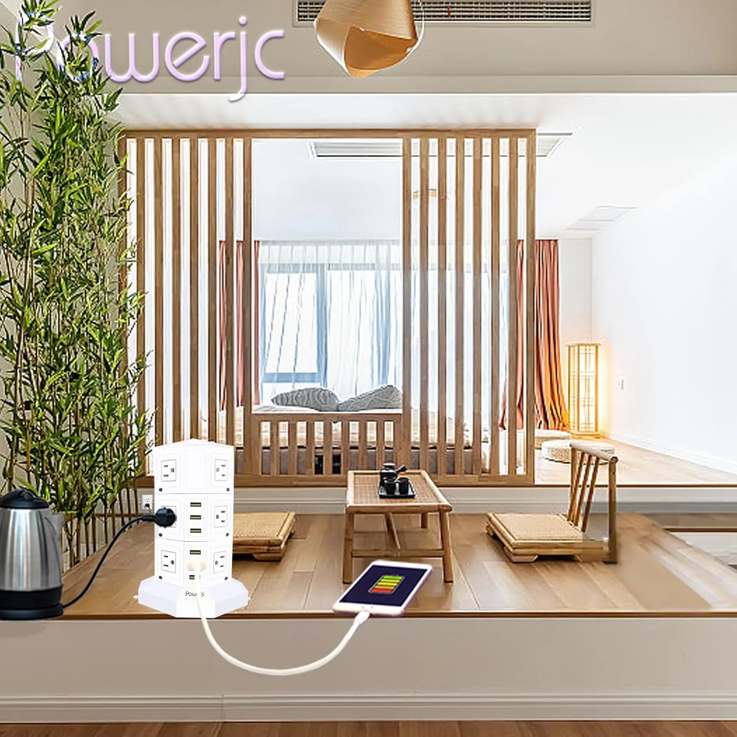 Power Strip USB Surge Protector Tower 12 AC Outlets with 6 USB Ports Chargers 10 Feet Long Extension Cord Indoor White-Powerjc