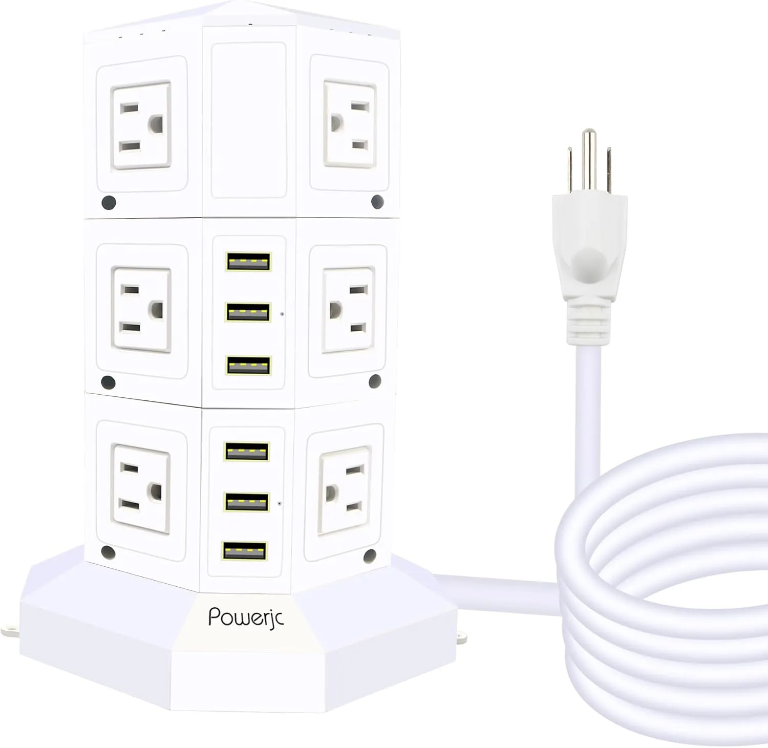 Power Strip USB Surge Protector Tower 12 AC Outlets with 6 USB Ports Chargers 10 Feet Long Extension Cord Indoor White-Powerjc