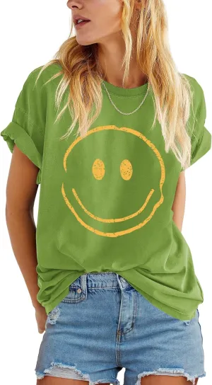 ReachMe Womens Summer Cute Smile Face T-Shirts Trendy Vintage Graphic Tops Casual Loose Short Sleeve Tee Shirts
