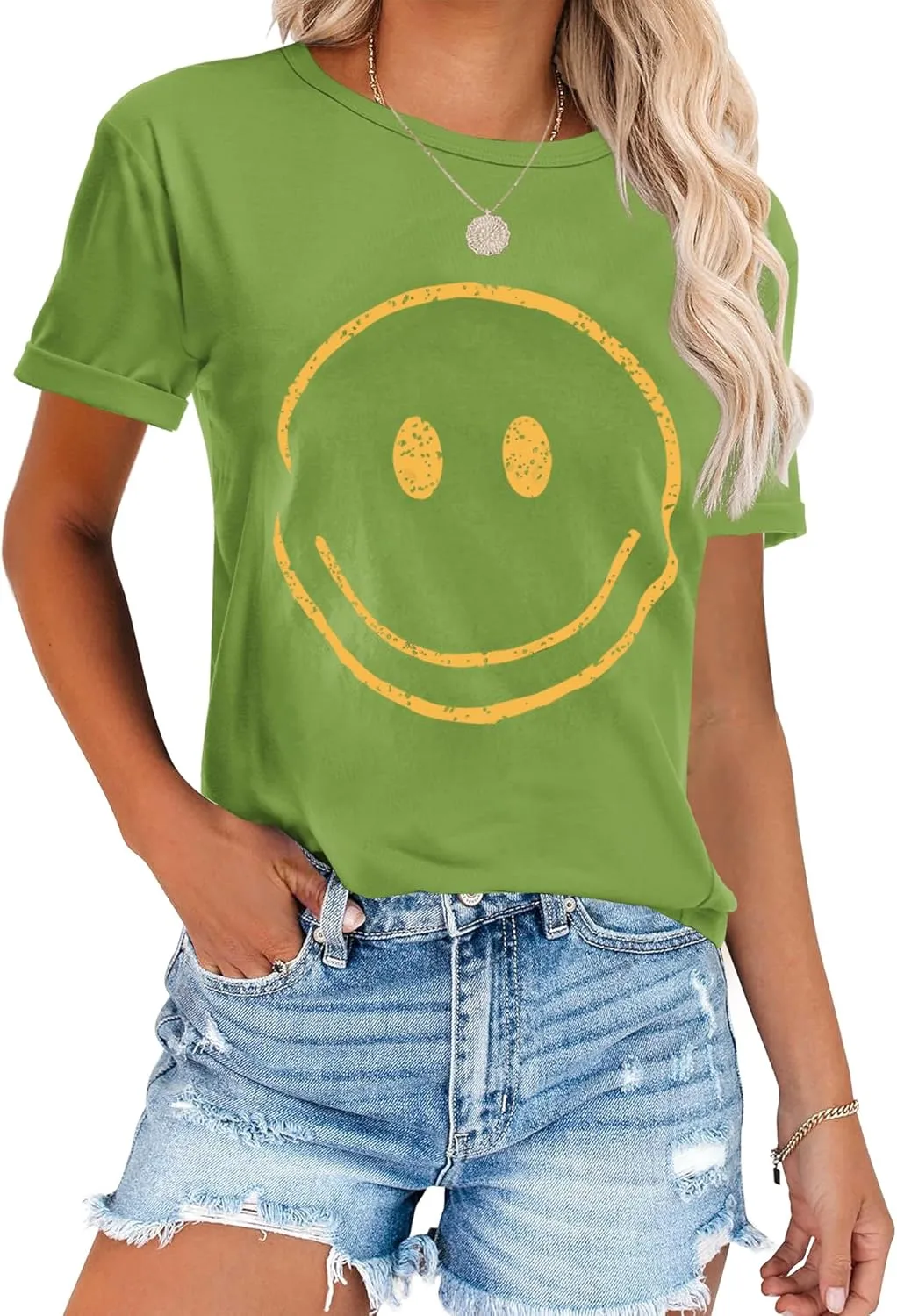 ReachMe Womens Summer Cute Smile Face T-Shirts Trendy Vintage Graphic Tops Casual Loose Short Sleeve Tee Shirts