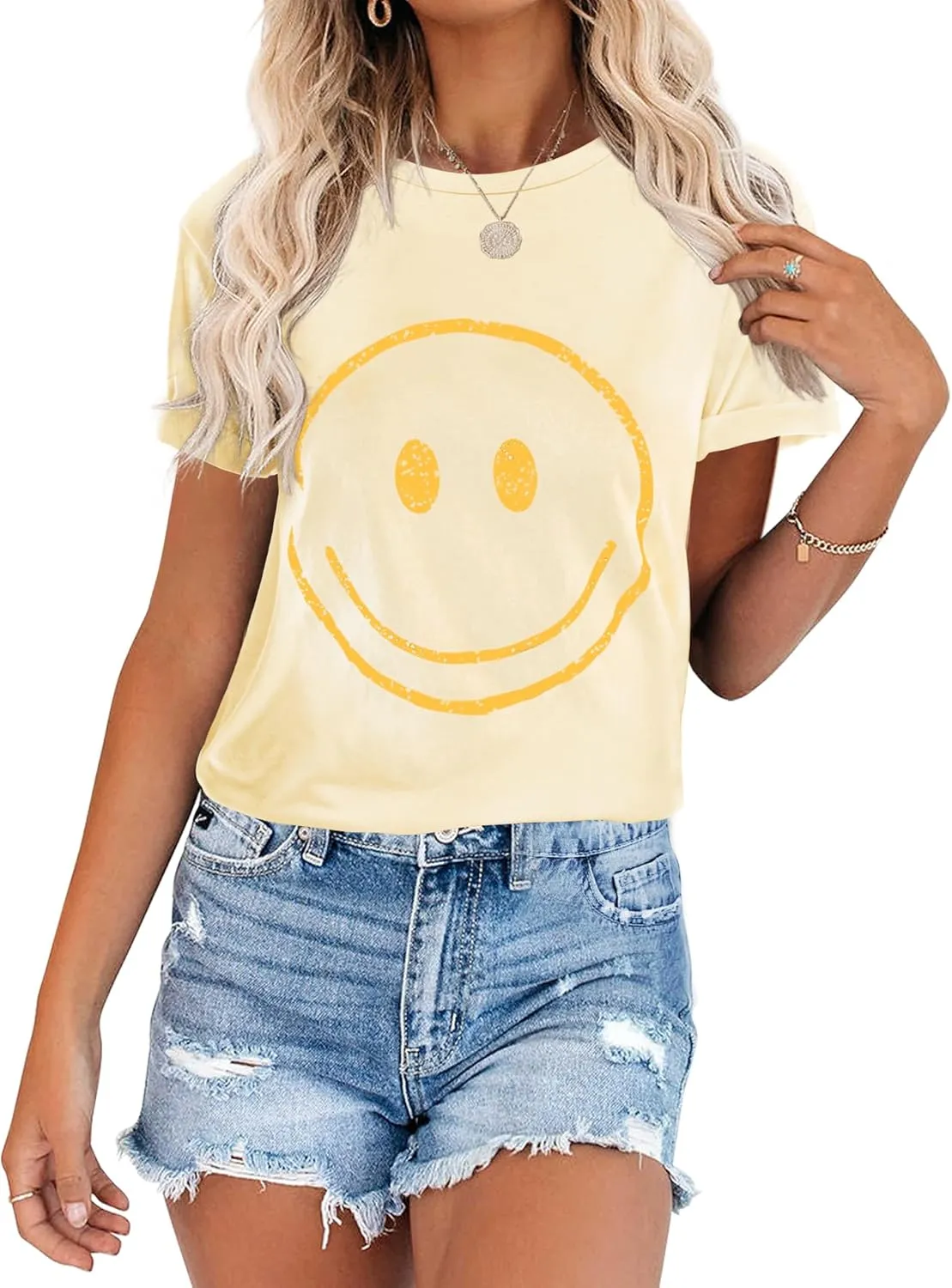 ReachMe Womens Summer Cute Smile Face T-Shirts Trendy Vintage Graphic Tops Casual Loose Short Sleeve Tee Shirts