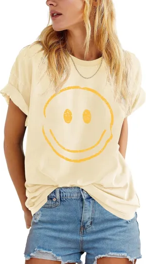 ReachMe Womens Summer Cute Smile Face T-Shirts Trendy Vintage Graphic Tops Casual Loose Short Sleeve Tee Shirts
