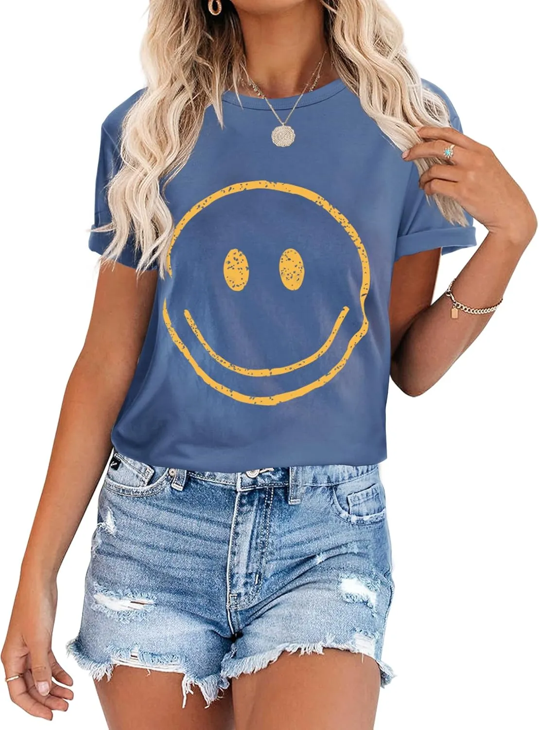 ReachMe Womens Summer Cute Smile Face T-Shirts Trendy Vintage Graphic Tops Casual Loose Short Sleeve Tee Shirts