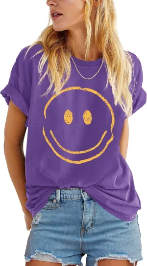 ReachMe Womens Summer Cute Smile Face T-Shirts Trendy Vintage Graphic Tops Casual Loose Short Sleeve Tee Shirts