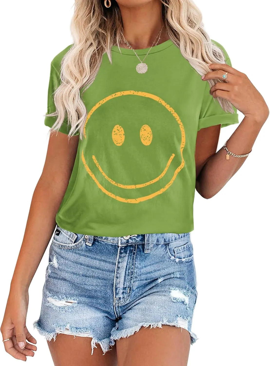 ReachMe Womens Summer Cute Smile Face T-Shirts Trendy Vintage Graphic Tops Casual Loose Short Sleeve Tee Shirts