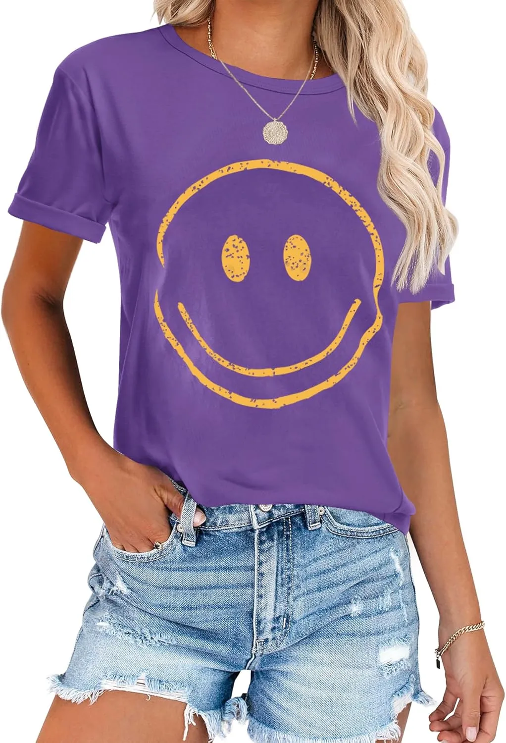 ReachMe Womens Summer Cute Smile Face T-Shirts Trendy Vintage Graphic Tops Casual Loose Short Sleeve Tee Shirts