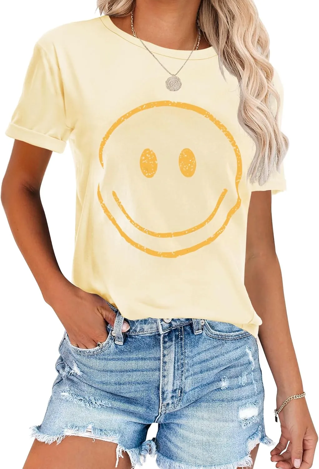 ReachMe Womens Summer Cute Smile Face T-Shirts Trendy Vintage Graphic Tops Casual Loose Short Sleeve Tee Shirts