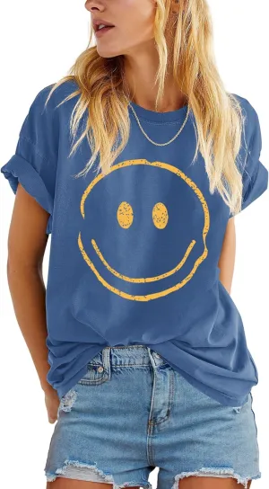 ReachMe Womens Summer Cute Smile Face T-Shirts Trendy Vintage Graphic Tops Casual Loose Short Sleeve Tee Shirts