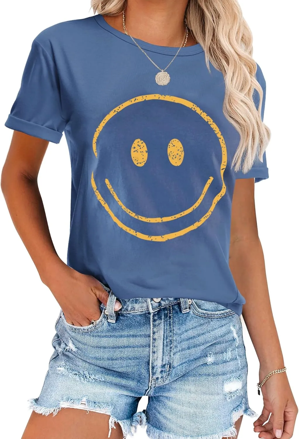 ReachMe Womens Summer Cute Smile Face T-Shirts Trendy Vintage Graphic Tops Casual Loose Short Sleeve Tee Shirts