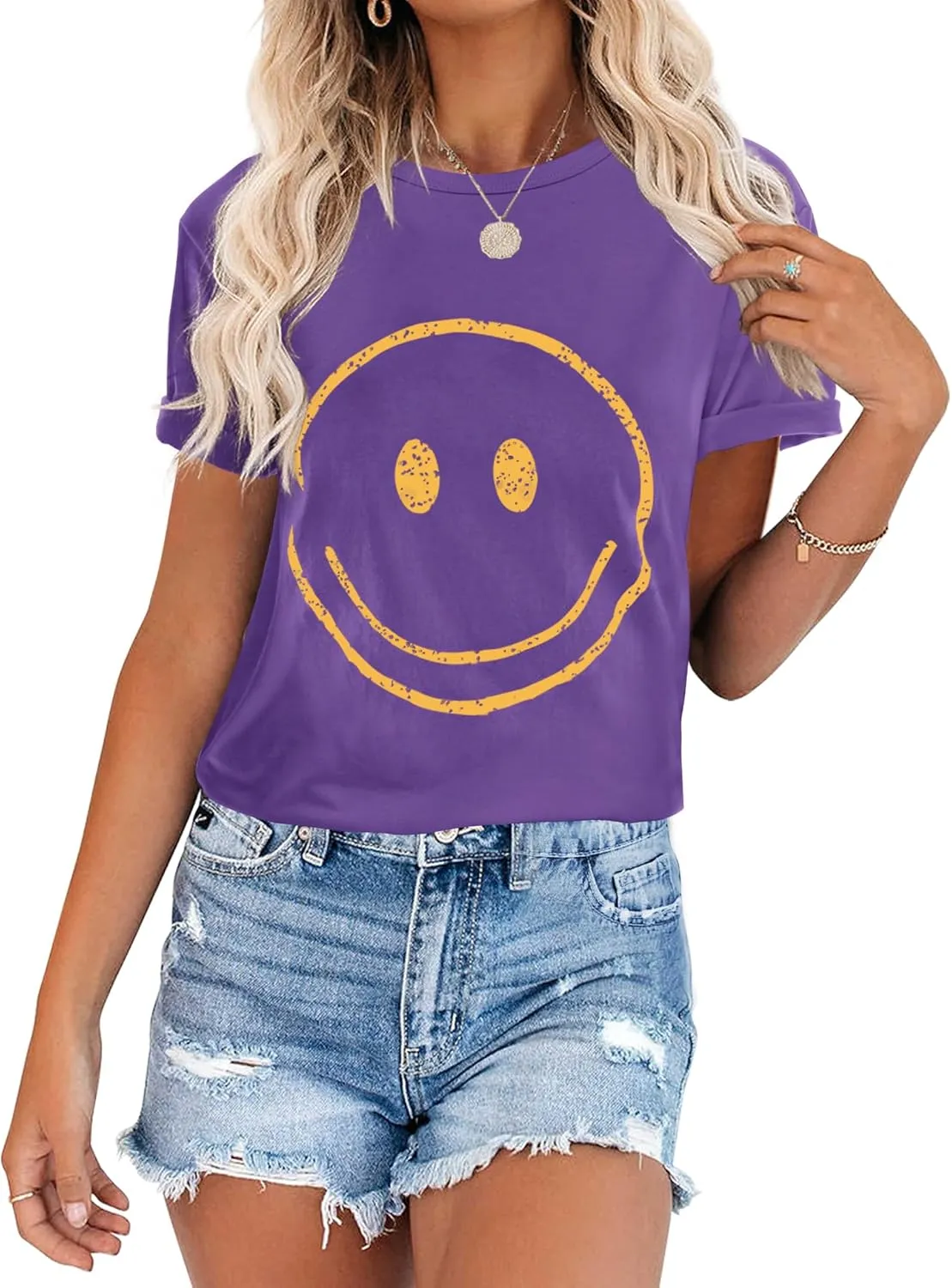 ReachMe Womens Summer Cute Smile Face T-Shirts Trendy Vintage Graphic Tops Casual Loose Short Sleeve Tee Shirts