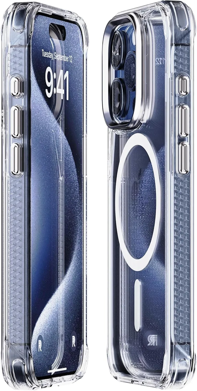 REBEL Clear Case for iPhone 15 Pro [Crystal Series Gen-5] Strong MagSafe Compatible, Anti-Scratch, Non-Yellowing, Protective Shockproof Bumpers, Metal Lens & Buttons, 6.1 Inch Phone 2023 (Clear)