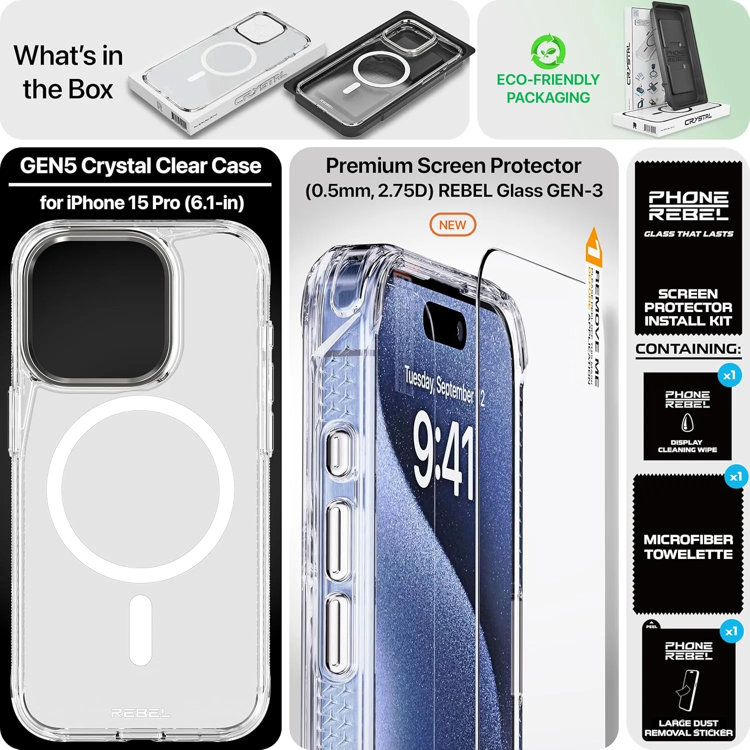 REBEL Clear Case for iPhone 15 Pro [Crystal Series Gen-5] Strong MagSafe Compatible, Anti-Scratch, Non-Yellowing, Protective Shockproof Bumpers, Metal Lens & Buttons, 6.1 Inch Phone 2023 (Clear)