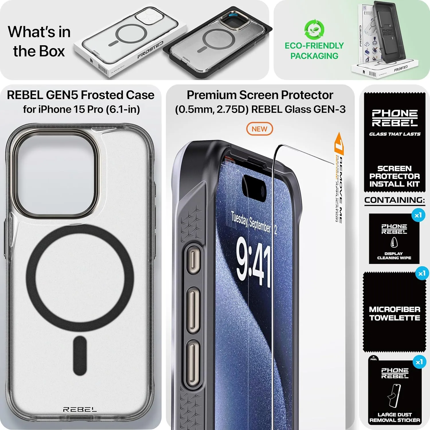 REBEL Clear Case for iPhone 15 Pro [Frosted Series Gen-5] Strong MagSafe Compatible, Grip Sides, Translucent Matte Texture, Protective Shockproof Bumpers, Metal Lens & Buttons, 6.1 Inch Phone 2023
