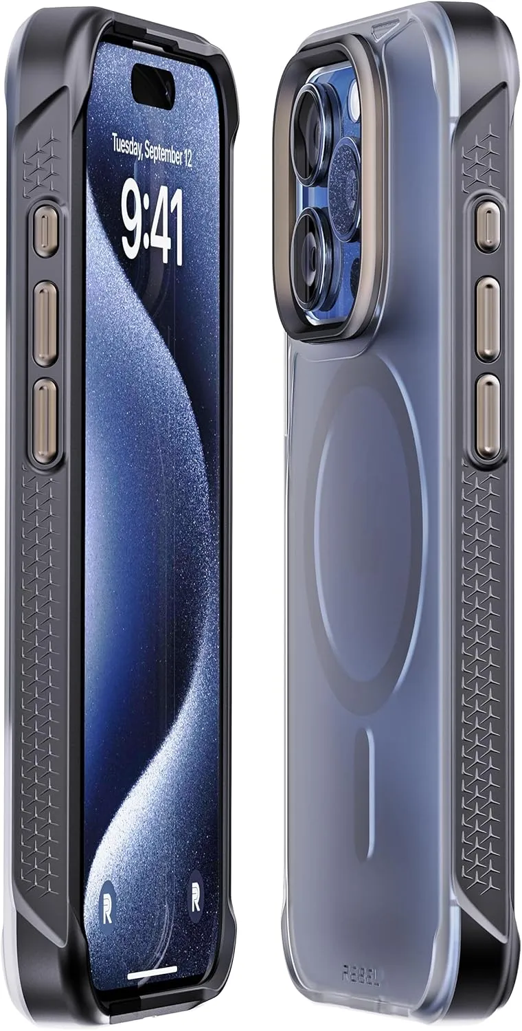 REBEL Clear Case for iPhone 15 Pro [Frosted Series Gen-5] Strong MagSafe Compatible, Grip Sides, Translucent Matte Texture, Protective Shockproof Bumpers, Metal Lens & Buttons, 6.1 Inch Phone 2023