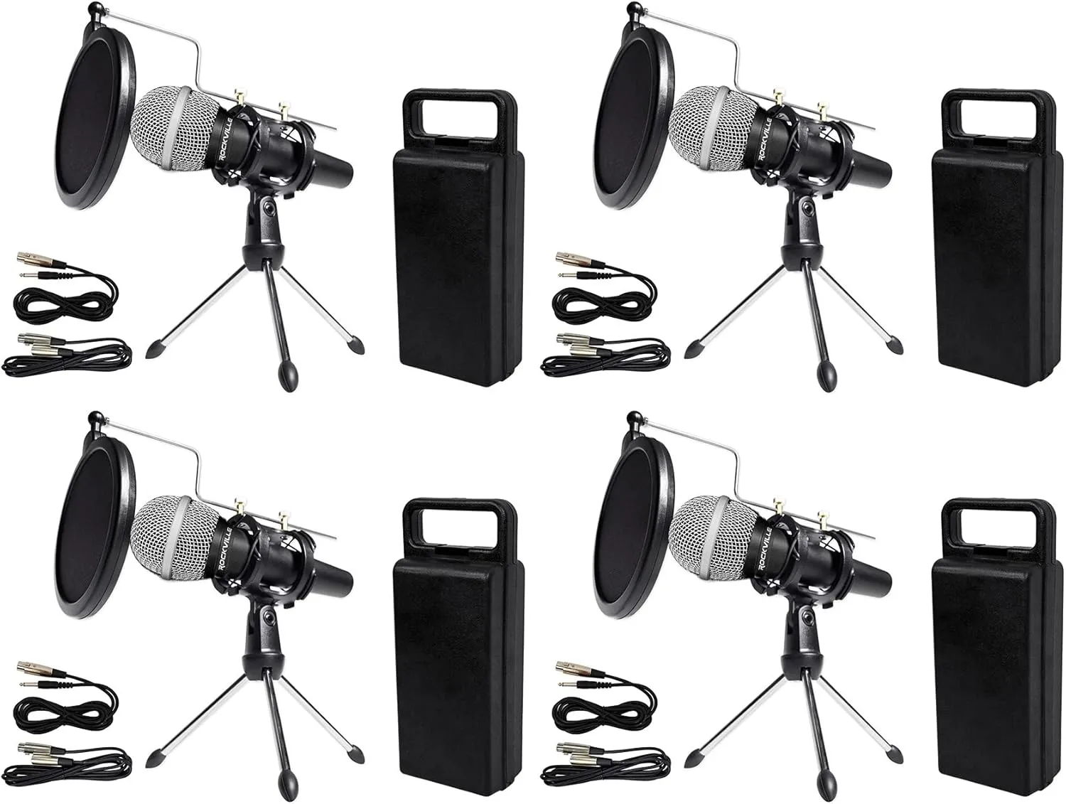 Rockville (4) Dynamic Podcasting Podcast Microphones Stands Pop Filters Cables