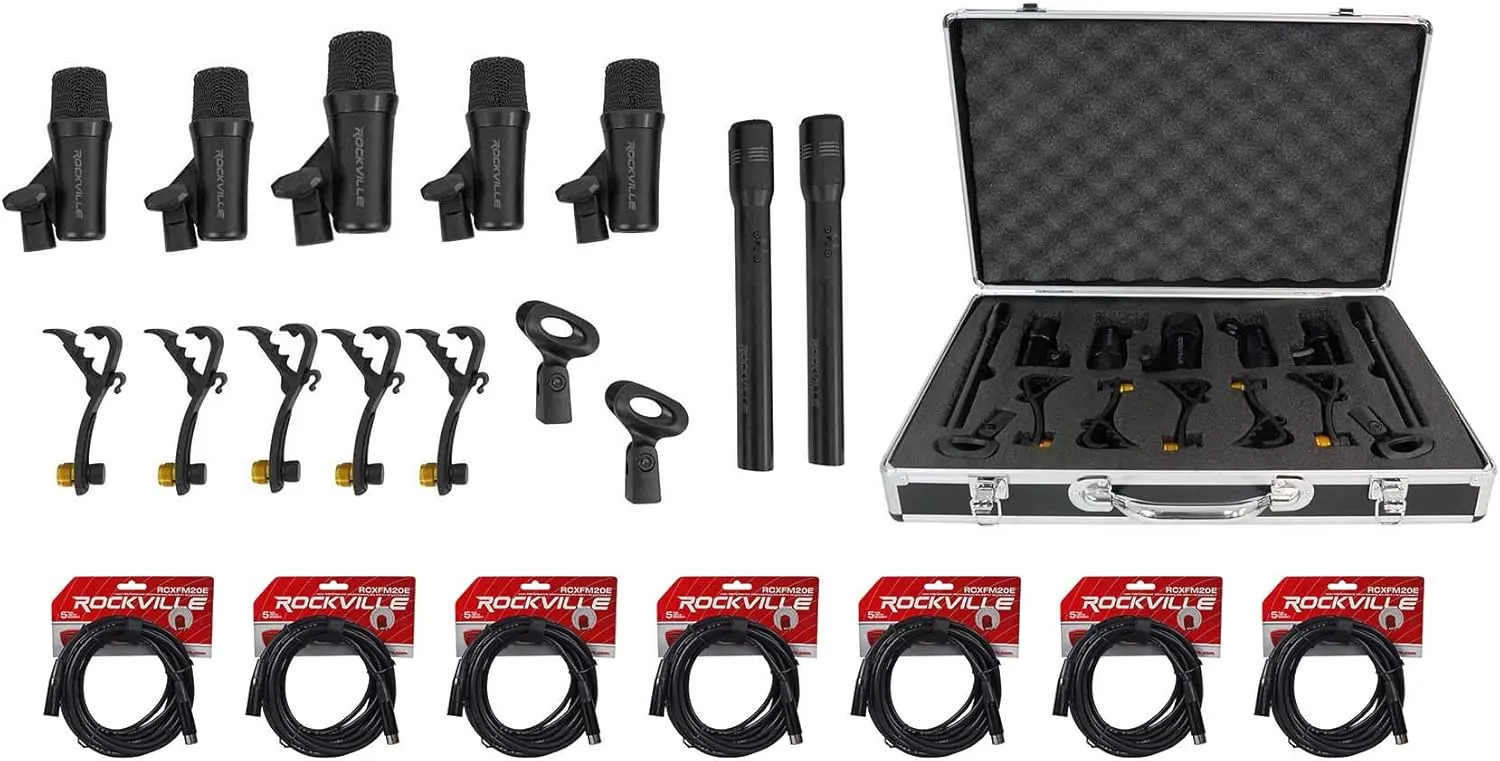 Rockville PRO-D7 KIT 7 Drum Mics w/Kick Snare Pencil Microphones XLR Cables