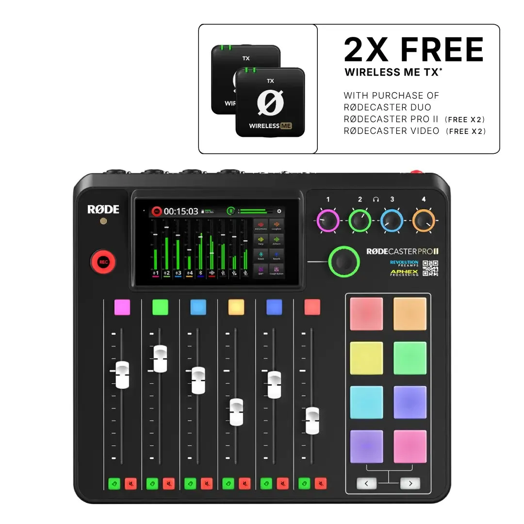 RODE RODECaster Pro II Integrated Audio Production Studio with 2x FREE RODE Wireless ME TX Digital Wireless Transmitters