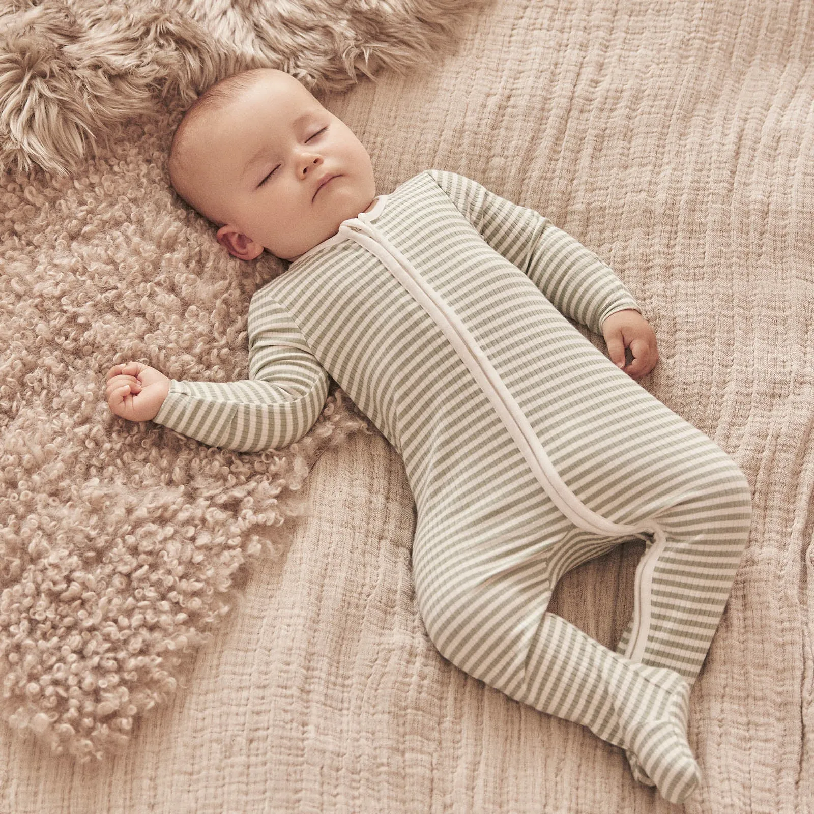 Sage Stripe Ribbed Clever Zip Sleepsuit