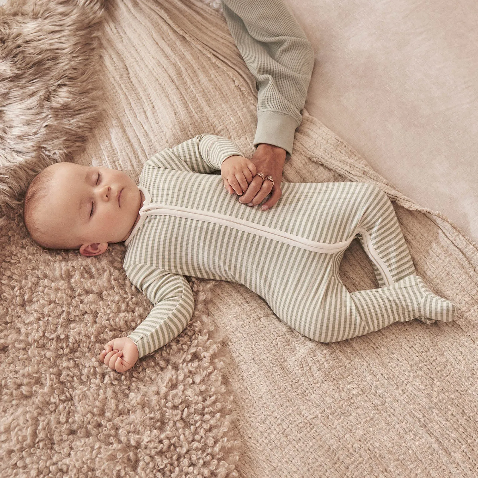Sage Stripe Ribbed Clever Zip Sleepsuit