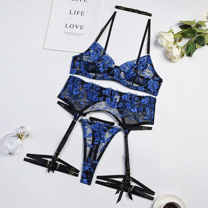 Sapphire Dream Embroidery Lace Bra Set - StylinArts