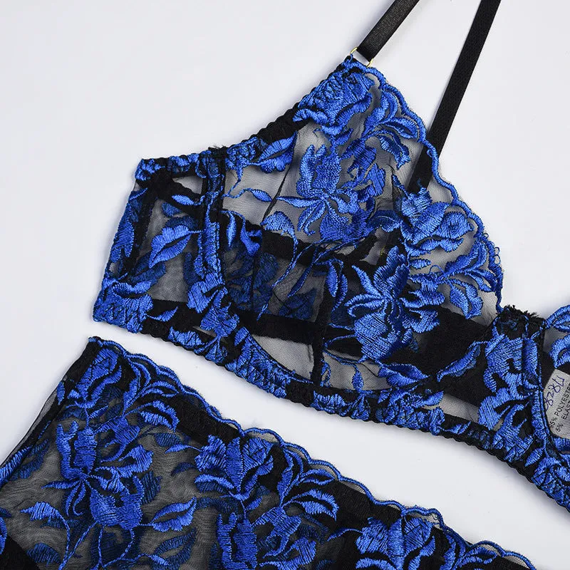 Sapphire Dream Embroidery Lace Bra Set - StylinArts