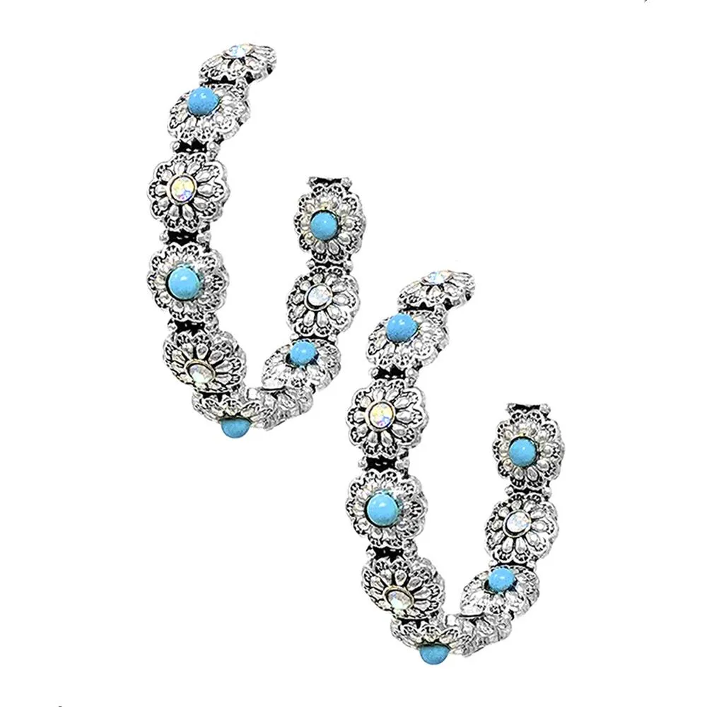 Shania Turquoise Stone Post Back Medium Size Hoop Earrings