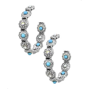 Shania Turquoise Stone Post Back Medium Size Hoop Earrings