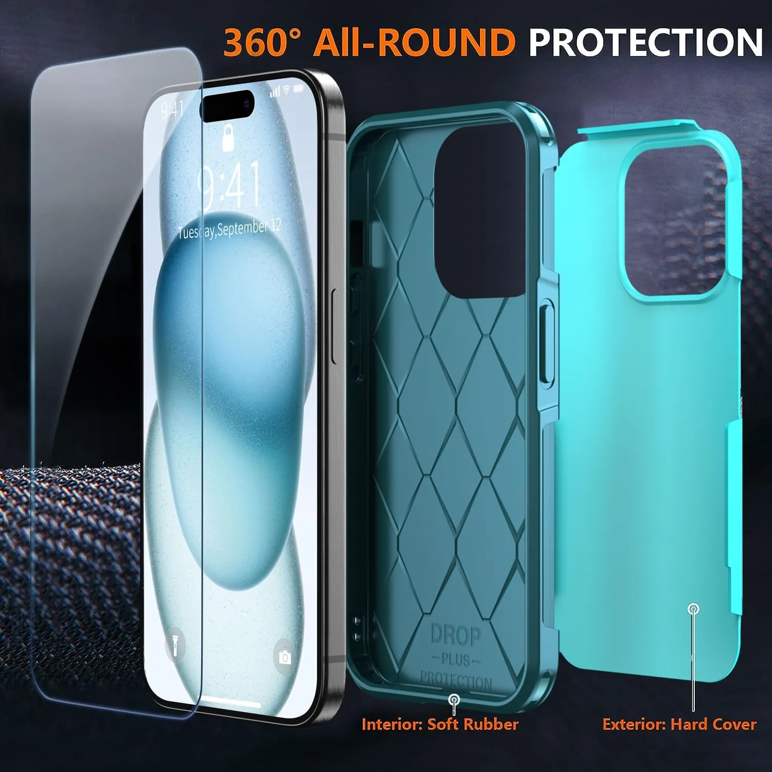 Shockproof for iPhone 15 Case,[15 FT Military Grade Drop Protection],with 2X [Tempered Glass Screen Protector ] with Air Bumpers Full-Body Protective Phone Case, Blue