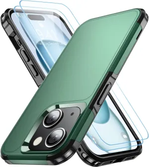 Shockproof for iPhone 15 Case,[15 FT Military Grade Drop Protection],with 2X [Tempered Glass Screen Protector ] with Air Bumpers Full-Body Protective Phone Case, (Dark Green)