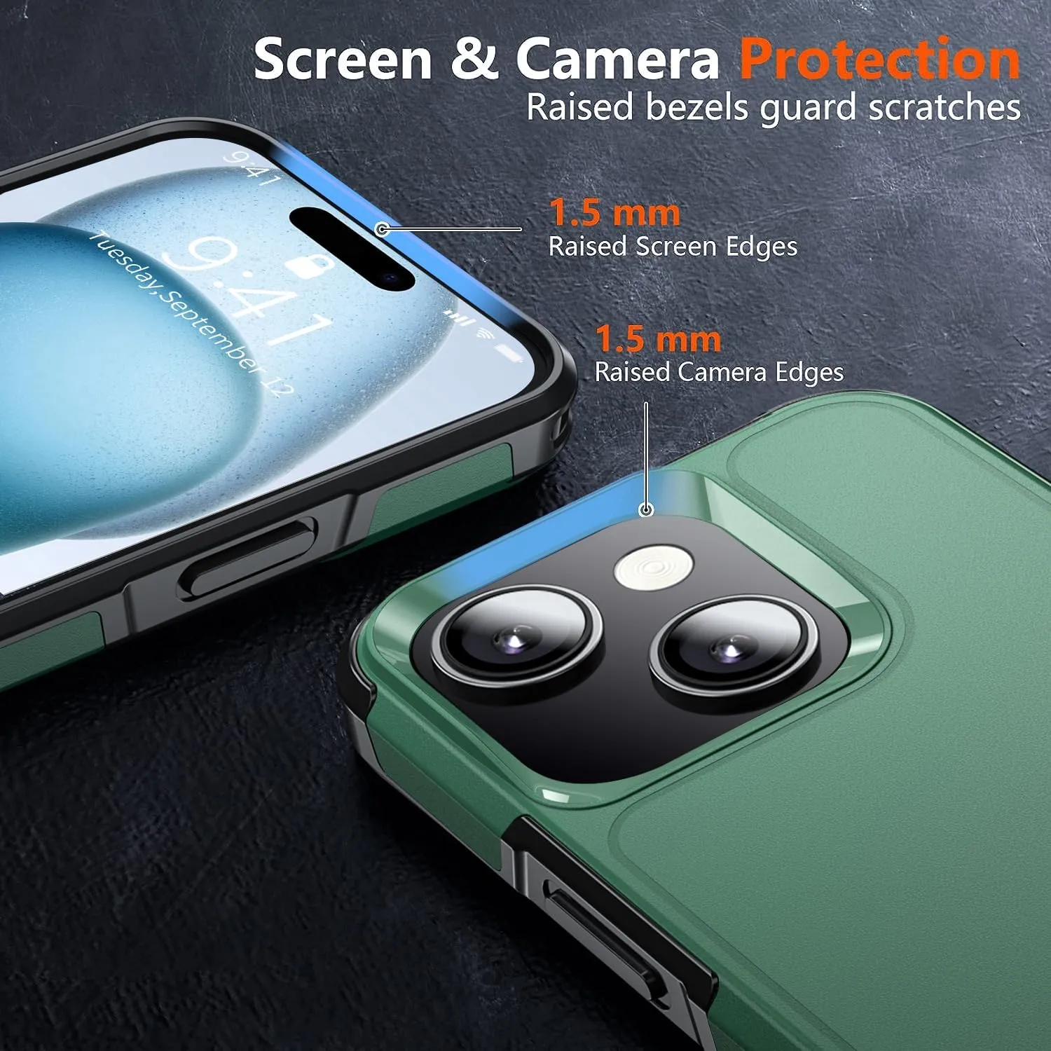 Shockproof for iPhone 15 Case,[15 FT Military Grade Drop Protection],with 2X [Tempered Glass Screen Protector ] with Air Bumpers Full-Body Protective Phone Case, (Dark Green)