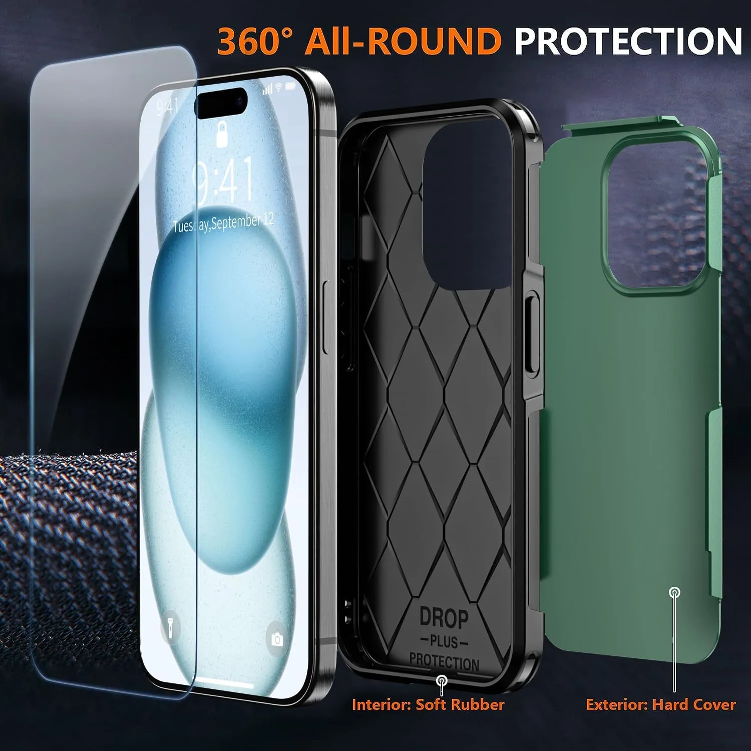 Shockproof for iPhone 15 Case,[15 FT Military Grade Drop Protection],with 2X [Tempered Glass Screen Protector ] with Air Bumpers Full-Body Protective Phone Case, (Dark Green)