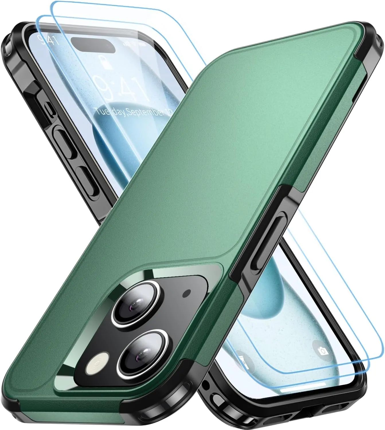 Shockproof for iPhone 15 Case,[15 FT Military Grade Drop Protection],with 2X [Tempered Glass Screen Protector ] with Air Bumpers Full-Body Protective Phone Case, (Dark Green)