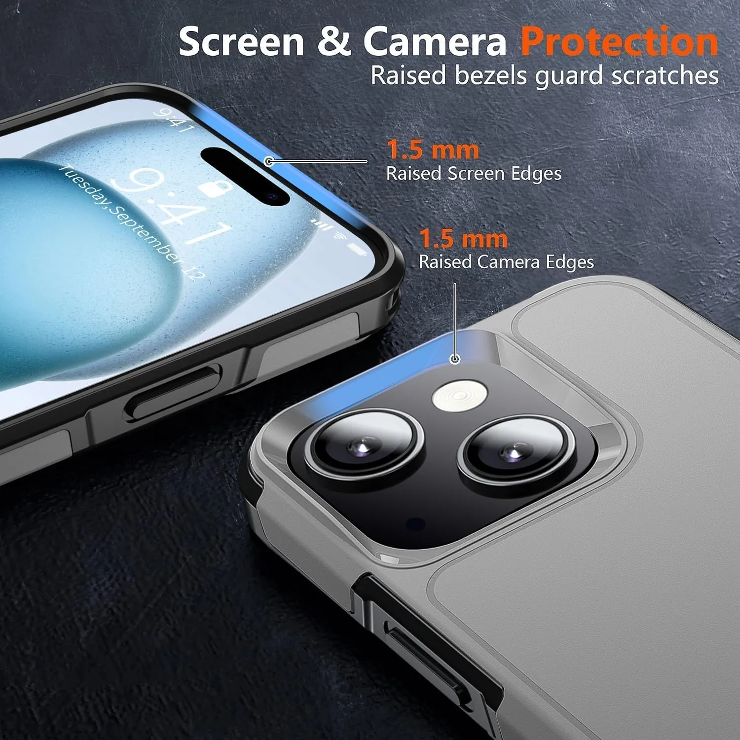Shockproof for iPhone 15 Case,[15 FT Military Grade Drop Protection],with 2X [Tempered Glass Screen Protector ] with Air Bumpers Full-Body Protective Phone Case, Gray