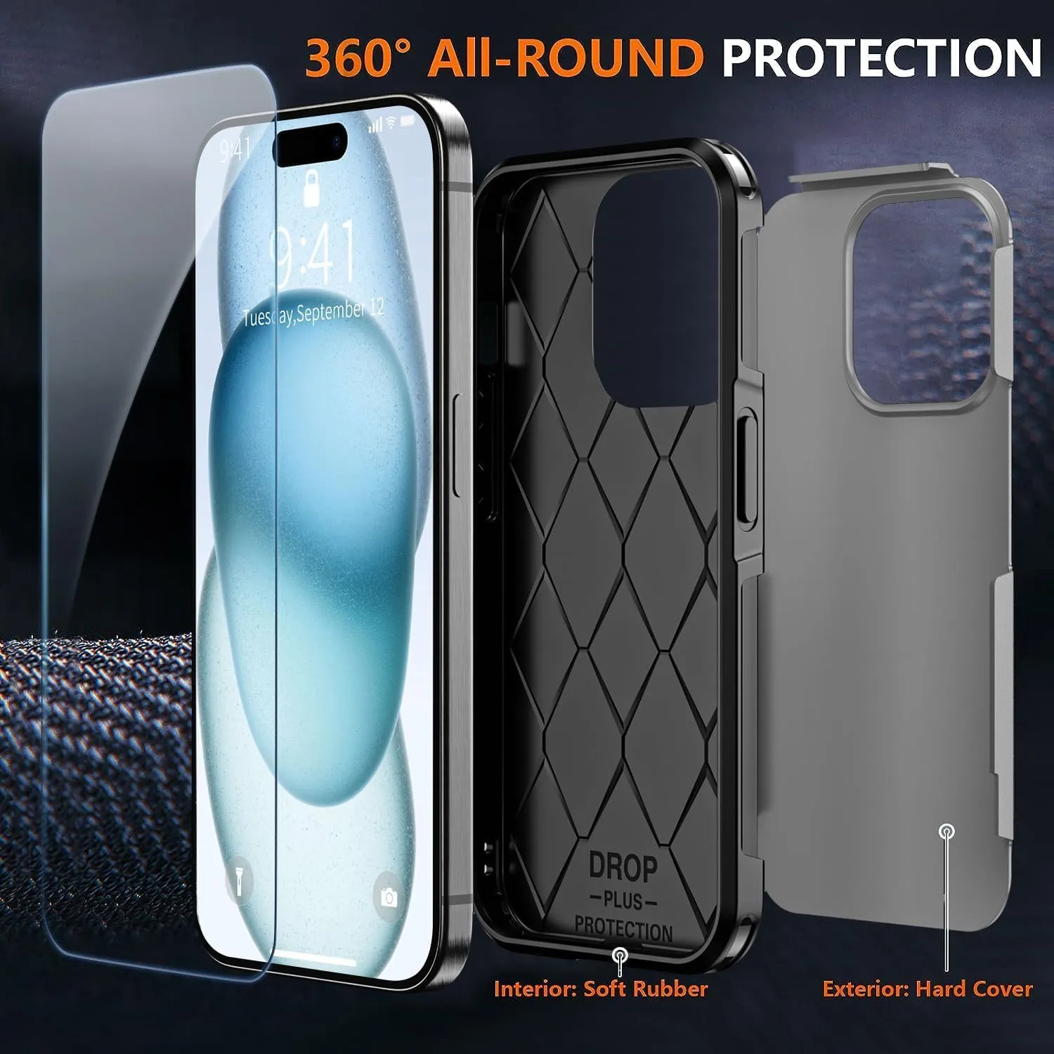 Shockproof for iPhone 15 Case,[15 FT Military Grade Drop Protection],with 2X [Tempered Glass Screen Protector ] with Air Bumpers Full-Body Protective Phone Case, Gray