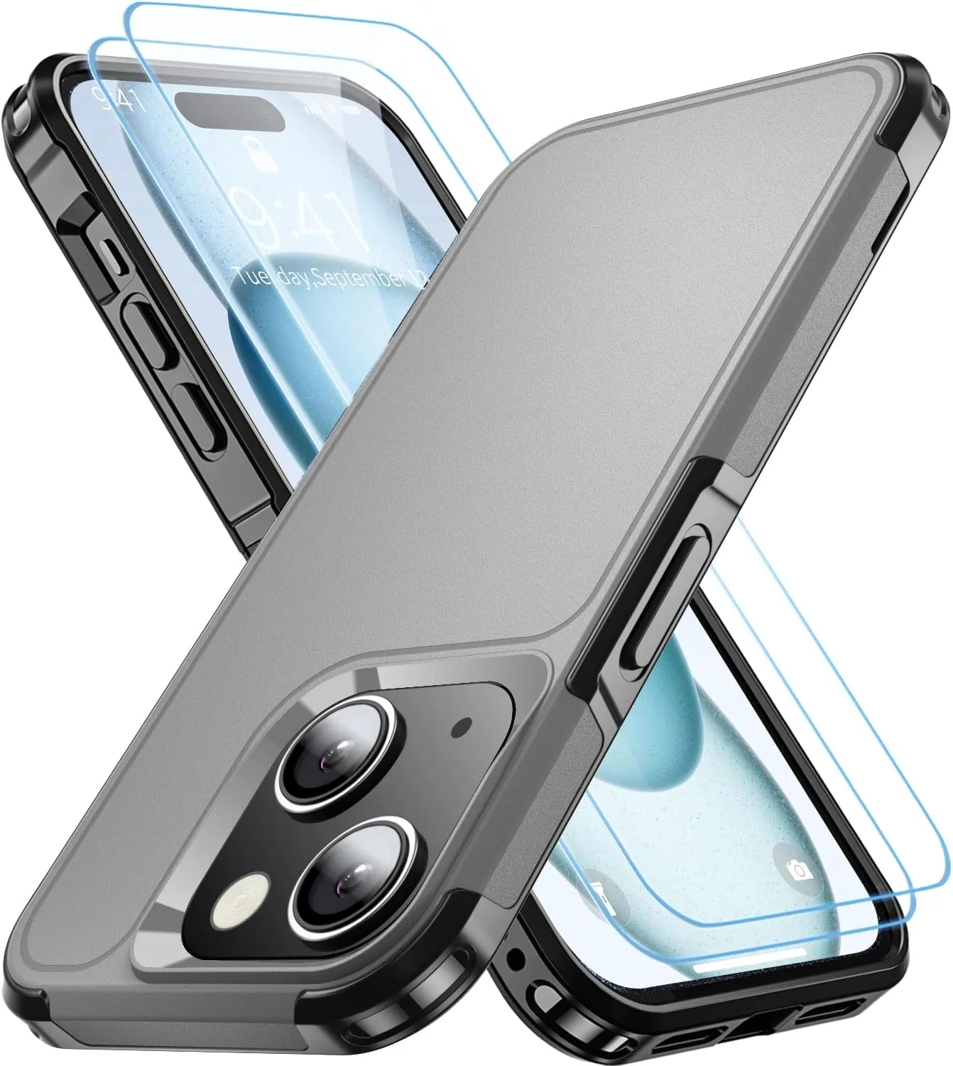 Shockproof for iPhone 15 Case,[15 FT Military Grade Drop Protection],with 2X [Tempered Glass Screen Protector ] with Air Bumpers Full-Body Protective Phone Case, Gray