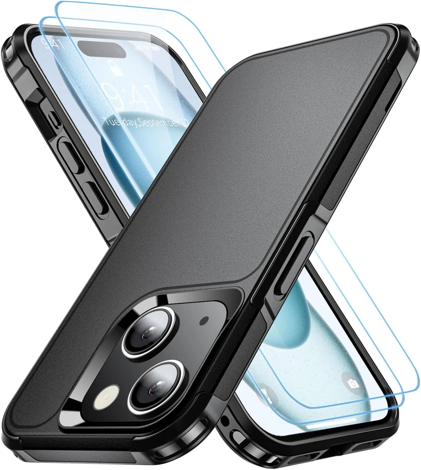 Shockproof for iPhone 15 Case,[15 FT Military Grade Drop Protection],with 2X [Tempered Glass Screen Protector ] with Air Bumpers Full-Body Protective Phone Case, Mysterious Black