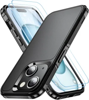 Shockproof for iPhone 15 Case,[15 FT Military Grade Drop Protection],with 2X [Tempered Glass Screen Protector ] with Air Bumpers Full-Body Protective Phone Case, Mysterious Black
