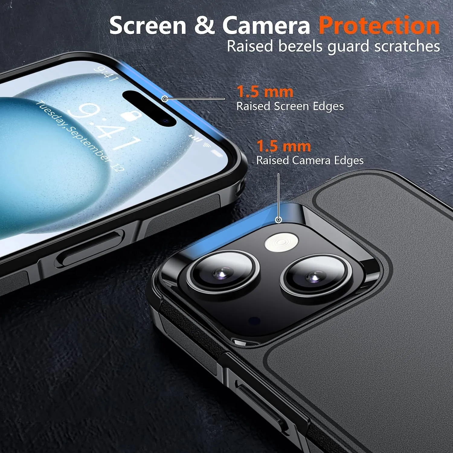 Shockproof for iPhone 15 Case,[15 FT Military Grade Drop Protection],with 2X [Tempered Glass Screen Protector ] with Air Bumpers Full-Body Protective Phone Case, Mysterious Black