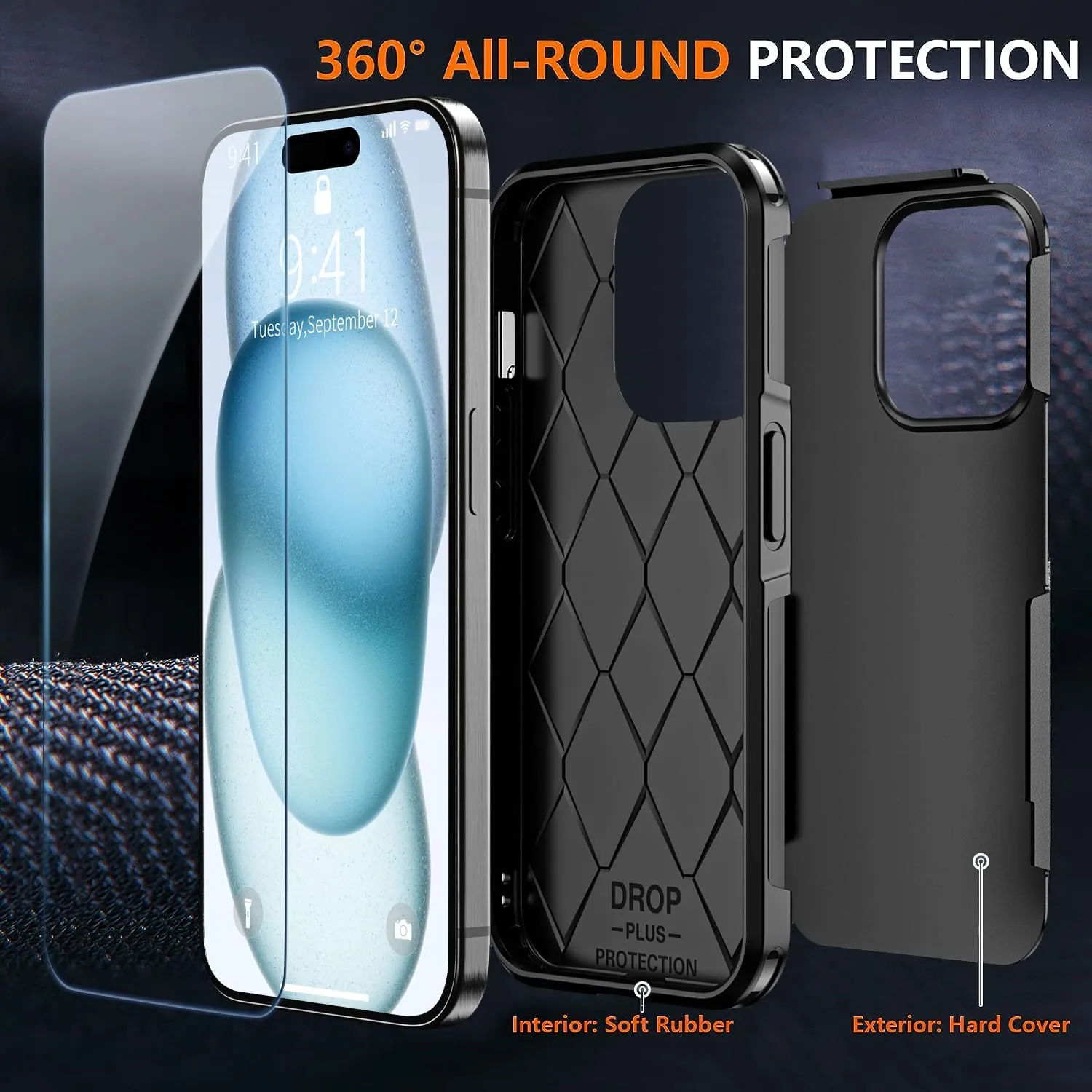 Shockproof for iPhone 15 Case,[15 FT Military Grade Drop Protection],with 2X [Tempered Glass Screen Protector ] with Air Bumpers Full-Body Protective Phone Case, Mysterious Black