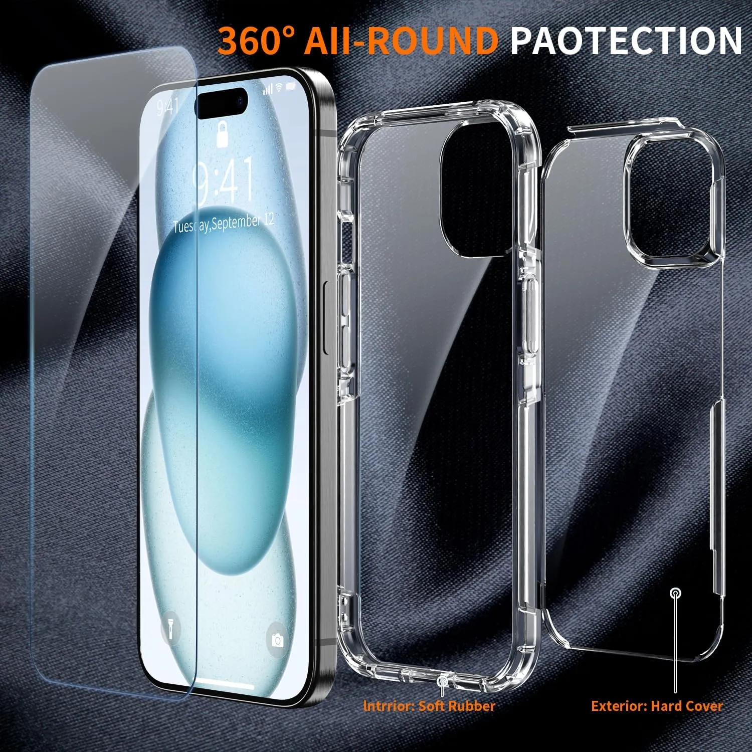 Shockproof for iPhone 15 Case,[15 FT Military Grade Drop Protection],with 2X [Tempered Glass Screen Protector ] with Air Bumpers Full-Body Protective Phone Case,Clear