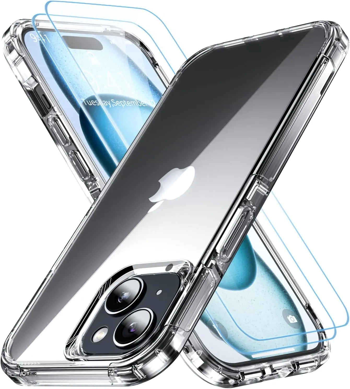 Shockproof for iPhone 15 Case,[15 FT Military Grade Drop Protection],with 2X [Tempered Glass Screen Protector ] with Air Bumpers Full-Body Protective Phone Case,Clear