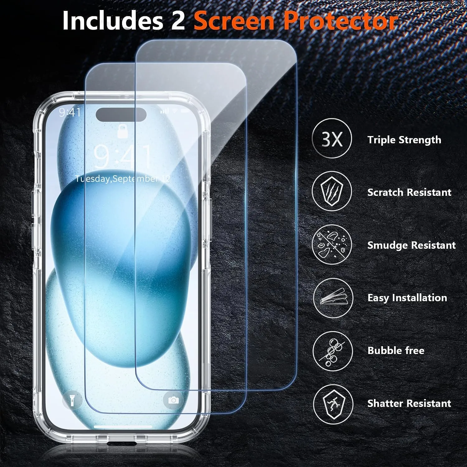 Shockproof for iPhone 15 Case,[15 FT Military Grade Drop Protection],with 2X [Tempered Glass Screen Protector ] with Air Bumpers Full-Body Protective Phone Case,Clear