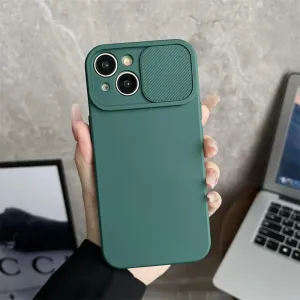 Solid Color Slide Camera Protection Soft Silicone Case for iPhone 16 15 14 Plus 13 12 11 Pro Max XS XR 7 8 Bumper Cover, Dark Green,for iPhone 15 ProMax
