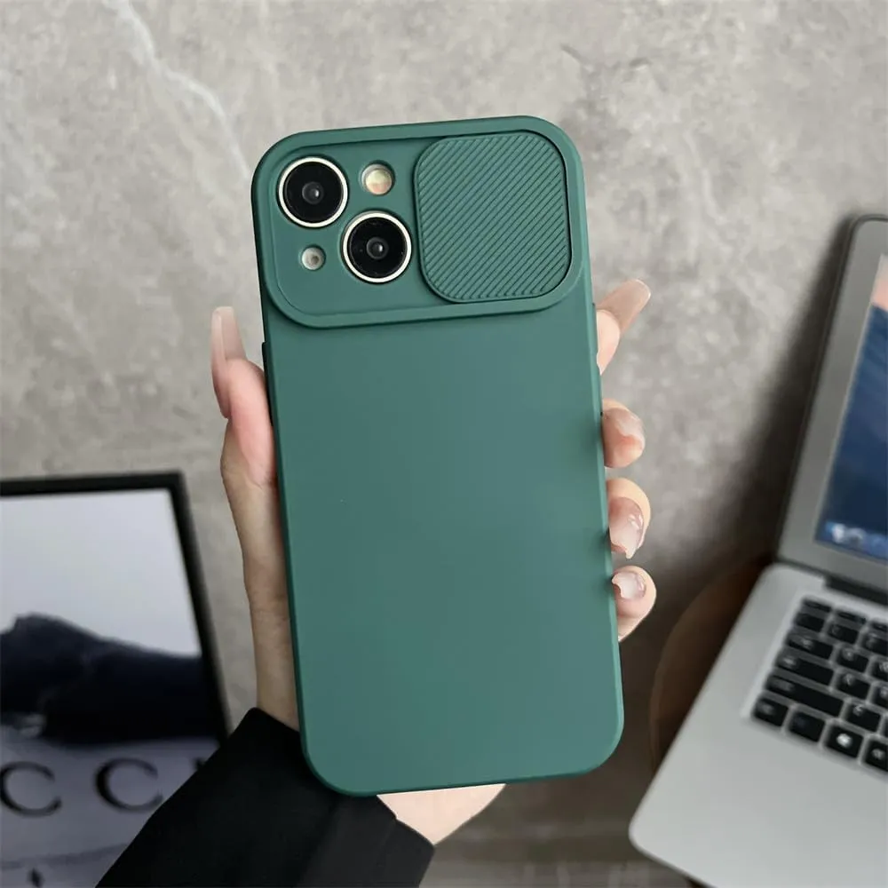 Solid Color Slide Camera Protection Soft Silicone Case for iPhone 16 15 14 Plus 13 12 11 Pro Max XS XR 7 8 Bumper Cover, Dark Green,for iPhone 15 ProMax