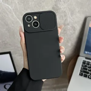 Solid Color Slide Camera Protection Soft Silicone Case for iPhone 16 15 14 Plus 13 12 11 Pro Max XS XR 7 8 Bumper Cover,Black,for iPhone 15 ProMax
