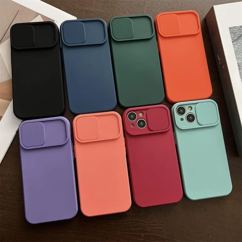 Solid Color Slide Camera Protection Soft Silicone Case for iPhone 16 15 14 Plus 13 12 11 Pro Max XS XR 7 8 Bumper Cover,Black,for iPhone 15 ProMax