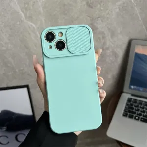 Solid Color Slide Camera Protection Soft Silicone Case for iPhone 16 15 14 Plus 13 12 11 Pro Max XS XR 7 8 Bumper Cover,Mint Blue,for iPhone 15 ProMax
