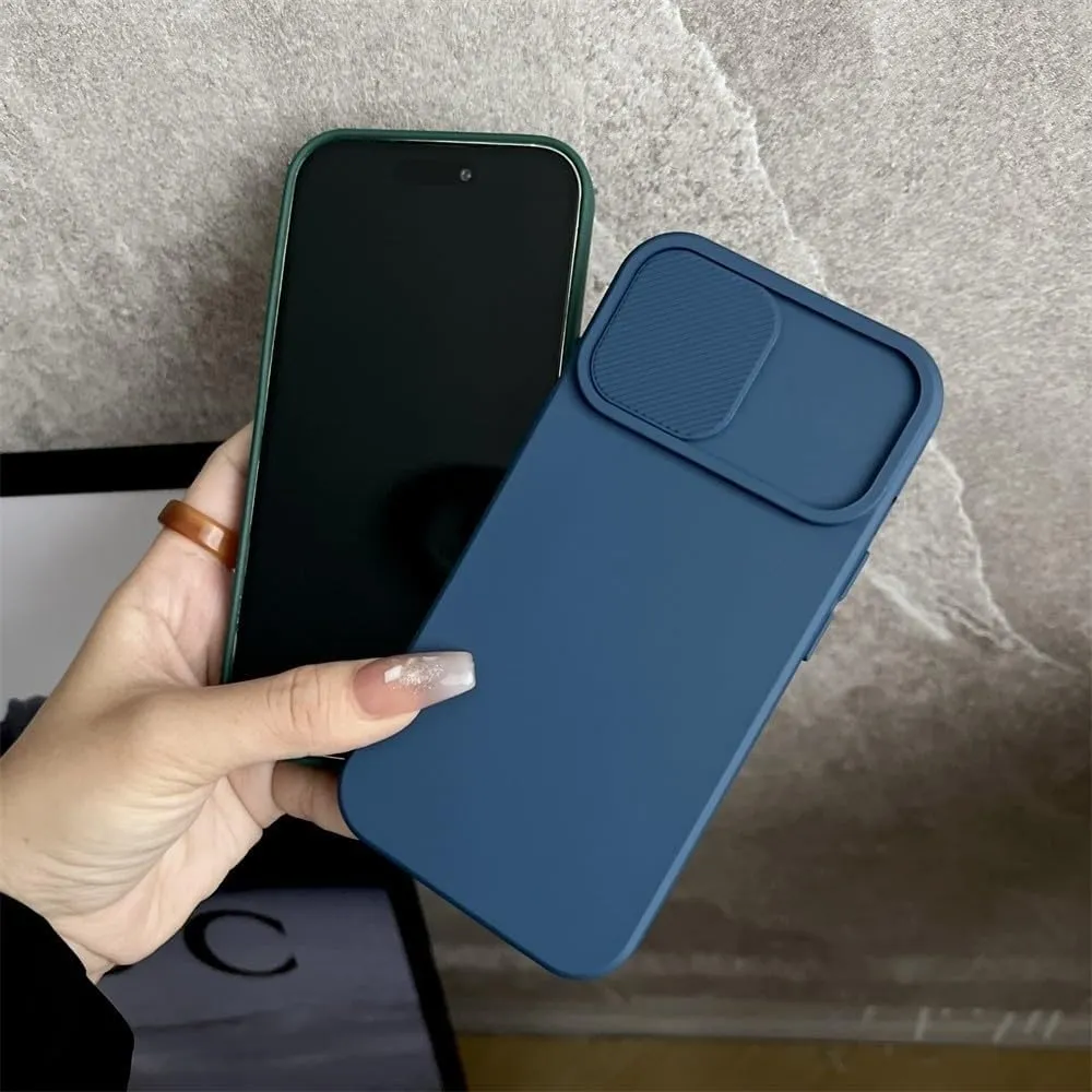 Solid Color Slide Camera Protection Soft Silicone Case for iPhone 16 15 14 Plus 13 12 11 Pro Max XS XR 7 8 Bumper Cover,Mint Blue,for iPhone 15 ProMax