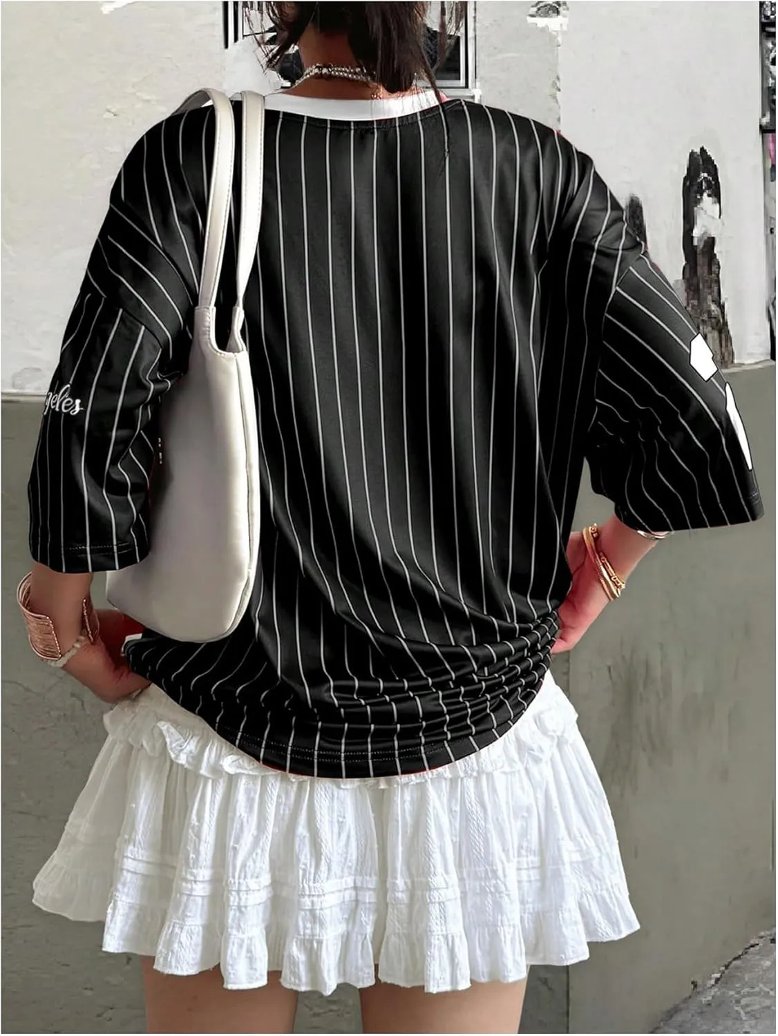 SOLY HUX Jersey Shirts for Women Y2k Oversized T Shirt Striped Number Graphic Tees V Neck Half Sleeve Streetwear Tops